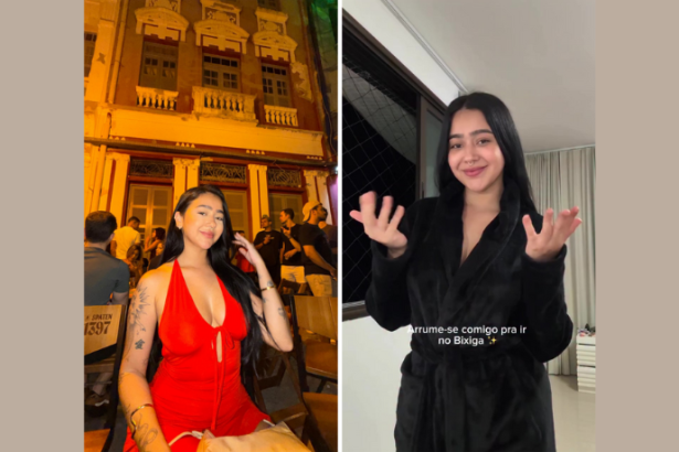 Com elegância e personalidade, Beca Barreto escolhe vestido vermelho para curtir a noite no Bixiga 35, em Recife, em registro assinado pela Non Stop.
