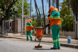Trabalhadores da limpeza urbana atuam em área pública de Palmas sob calor intenso