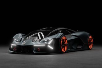 Renderização de um carro esportivo futurista em um estúdio escuro.