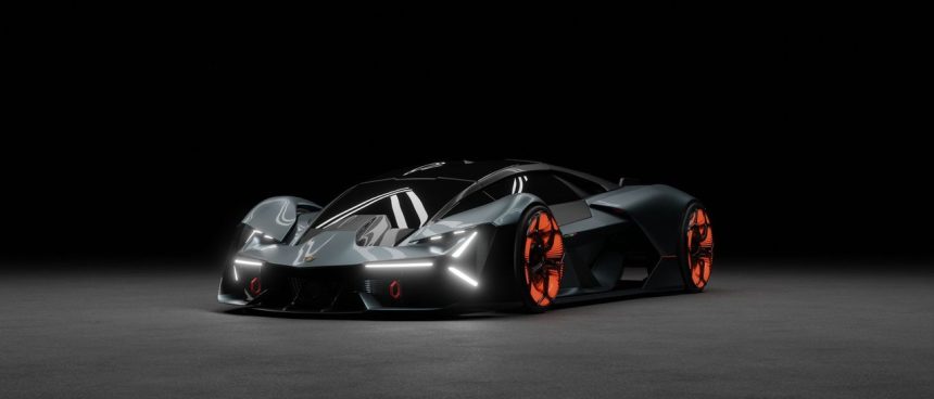 Renderização de um carro esportivo futurista em um estúdio escuro.