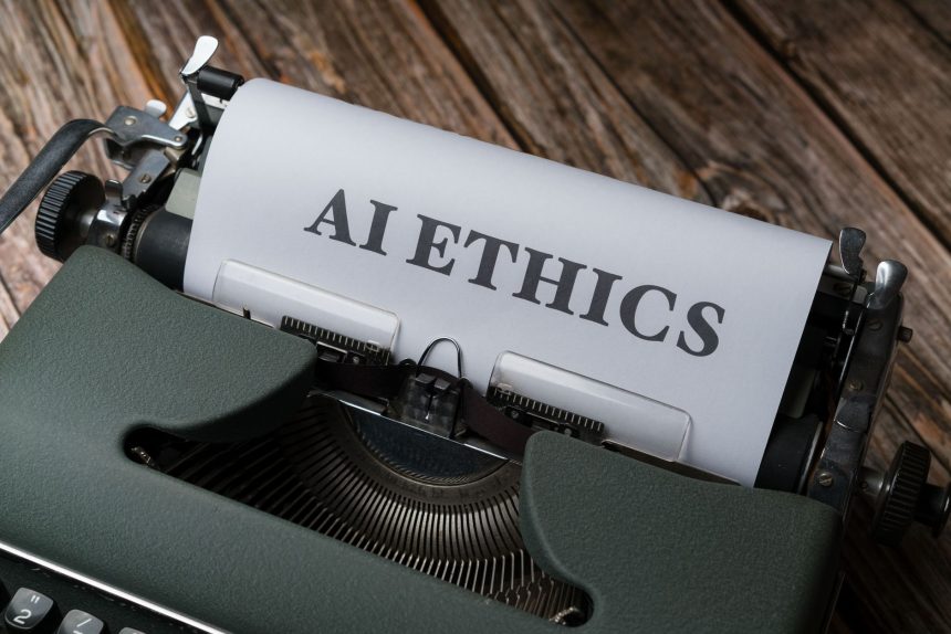 Máquina de escrever com a expressão “AI Ethics” em uma folha de papel, representando a discussão sobre ética na inteligência artificial.